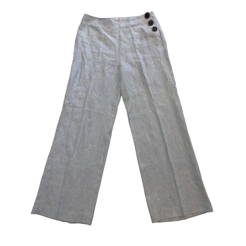 Boden Women's Blue Wide Leg Linen Sailor Pants Size 12 R Coastal Preppy Work